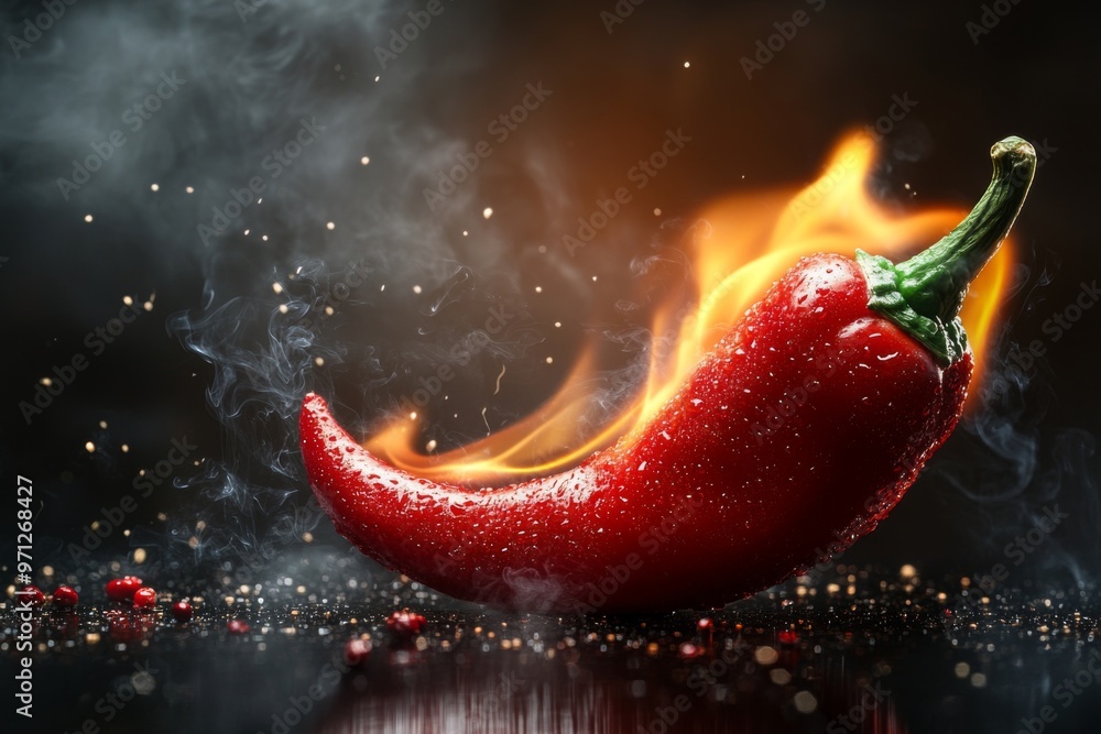 Wall mural Delicious smoky red hot pepper isolated on dark background. Bright red hot chili pepper covered in water droplets with smoke curling around it and flames behind it. Flaming red hot pepper.