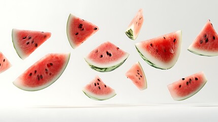 Thin slices of watermelon floating delicately in mid-air, creating a cascading effect against a light background
