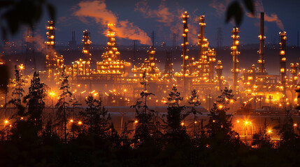 Obraz premium Nighttime photograph of an oil refinery with full lighting, captured from ground level.