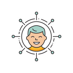 Happy networked person. Smiling person surrounded by connections. Represents communication, networking, and social connections.