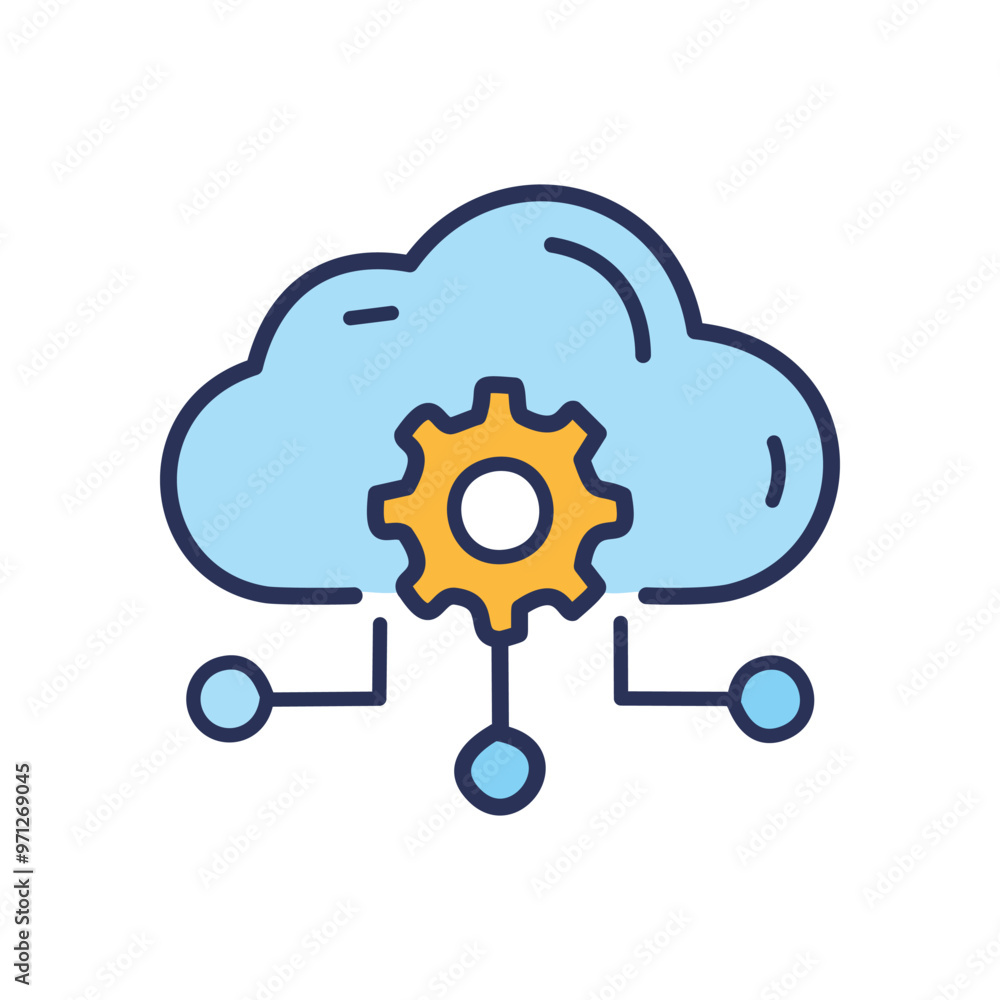 Poster cloud service setup. cloud computing, data storage, network, and gear configuration.