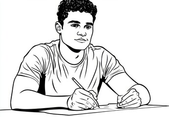 The continuous line shows a schoolboy raising his hand and pencil, an idea