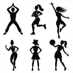 Fitness dance silhouette set, gym workout silhouette set.