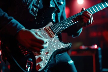 Obraz premium Man playing electric guitar in night club. Music festival and concert concept. Guitarist playing an electric guitar in a recording studio, music concept. with generative ai