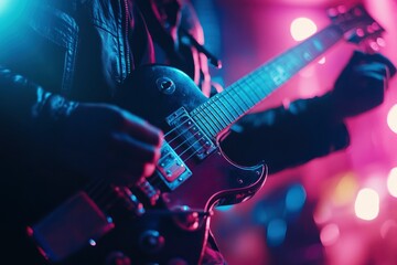 Obraz premium Man playing electric guitar in night club. Music festival and concert concept. Guitarist playing an electric guitar in a recording studio, music concept. with generative ai
