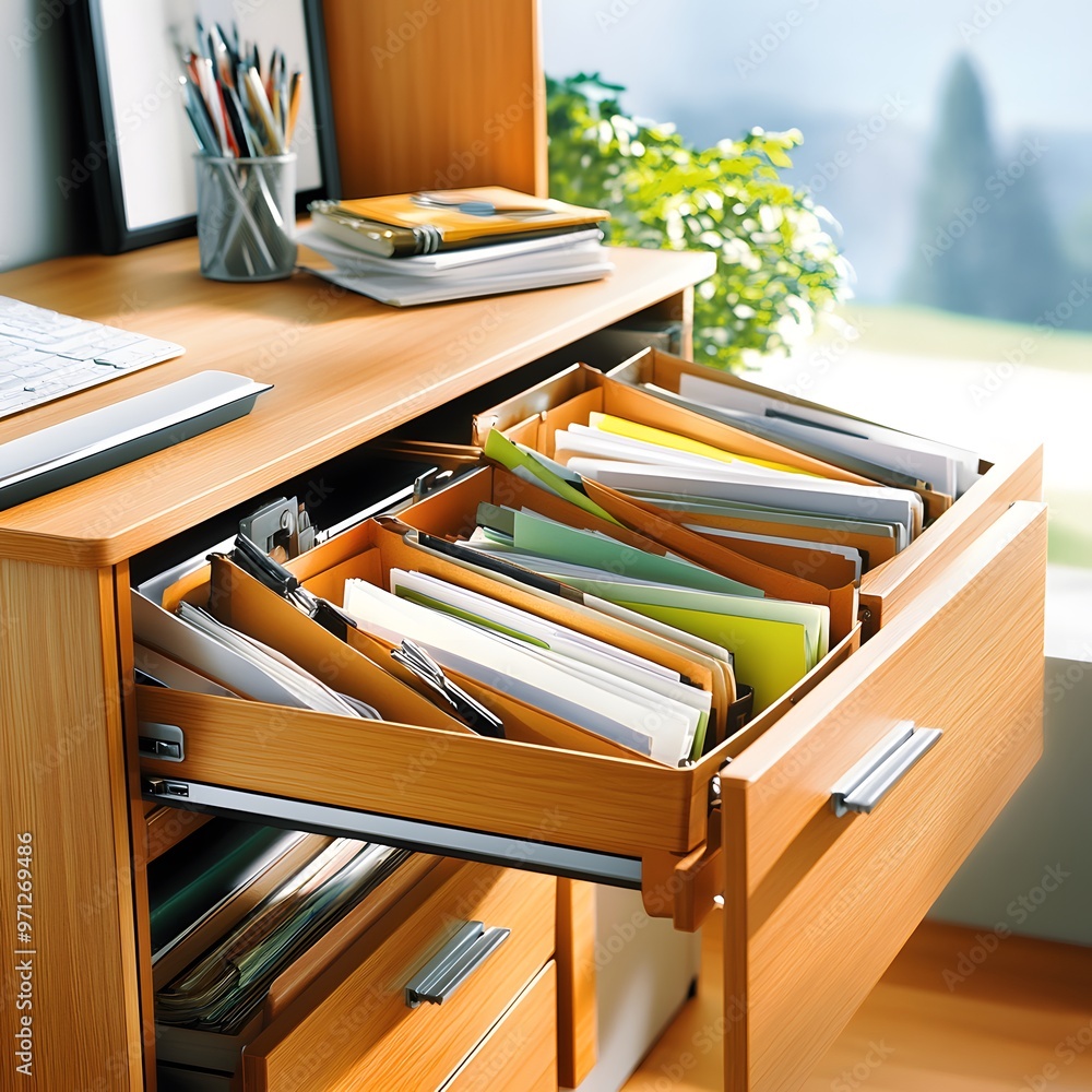 Poster open drawer with folders.