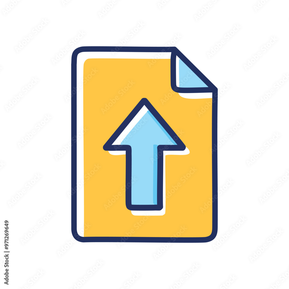 Poster upload icon. cartoon illustration of a blue arrow pointing upwards, inside a yellow document. this s