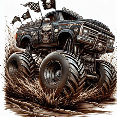 Bold black and white monster truck with intricate skull details