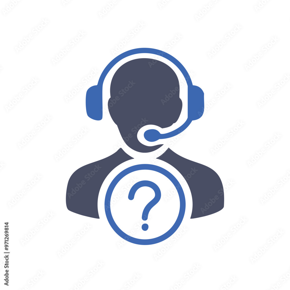 Poster Support help icon. Support person with a question mark, symbolizing a request for help or assistance.