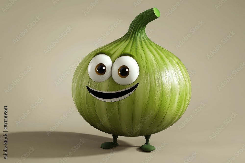 Poster the white onion is a 3d cartoon character with eyes and sprouts. it is a funny mascot on a flat back