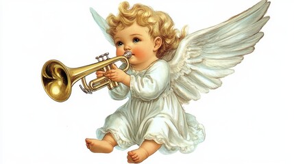 Fototapeta premium Angel playing trumpet on transparent background, generative AI