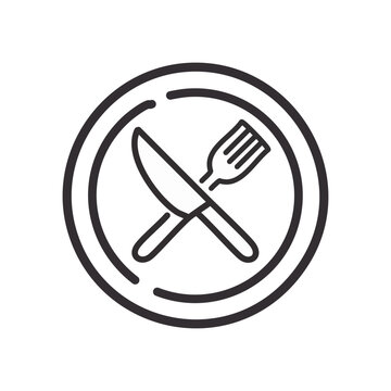 recommend clip art: Knife fork plate icon. Simple line art icon of a knife and fork crossed on a plate. Ideal for food, restaurant, or dining concepts.