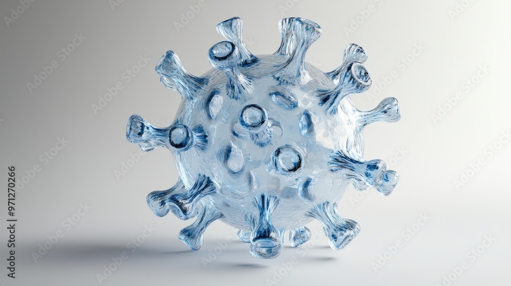 Poster detailed 3d rendering of transparent blue virus showing intricate structure and scientific details
