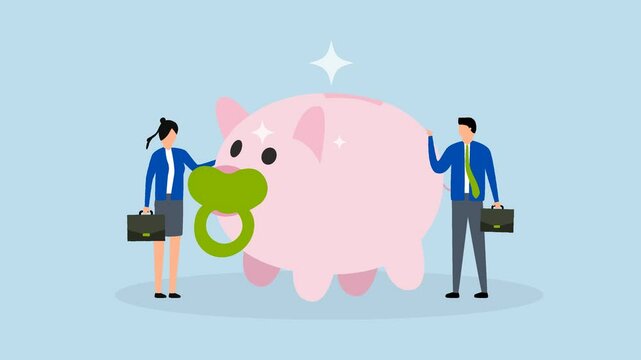Child care expense planning, 4k animation of Intelligent parents, a fresh couple with a baby, use a piggybank and a teether as a symbol of teaching their children about saving money.