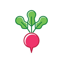 Red radish icon. A simple, cartoon-style illustration of a red radish with green leaves. This icon is perfect for representing fresh produce, healthy eating, or gardening.