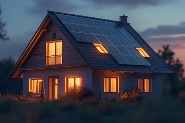 Modern Home with Solar Panels at Dusk