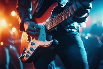 Naklejka premium Man playing electric guitar in night club. Music festival and concert concept. Guitarist playing an electric guitar in a recording studio, music concept. with generative ai