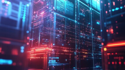 Fototapeta premium Abstract futuristic server room with glowing red and blue lights, showcasing data and technology.