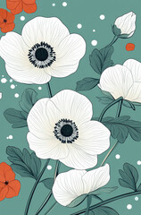 Delicate Clipart of White Anemones with Fine Leaves and Petals