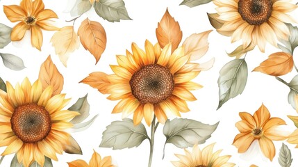A vibrant floral pattern featuring sunflowers and autumn leaves.