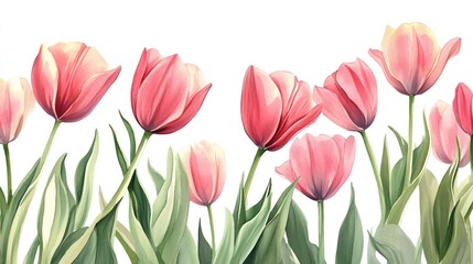 Naklejka premium A beautiful arrangement of pink tulips with green leaves on a white background.