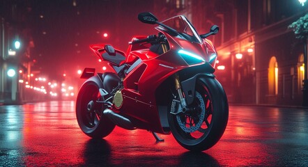 Fototapeta premium Futuristic Red Motorcycle in Neon Light Street
