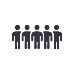 Group of five people icon. Simple black silhouette icon depicting five individuals standing in a line, symbolizing teamwork, community, or togetherness.