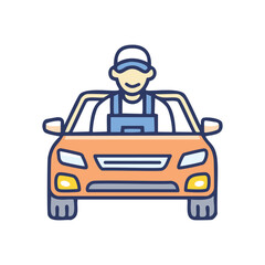 Mechanic in car. Mechanic in automobile, illustration of a smiling mechanic driving a car.