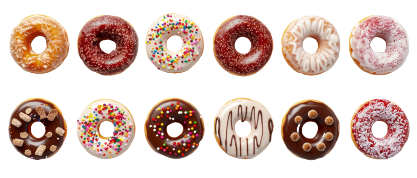 Set of isolated,   variety of delicious donuts  on transparent background. cut elements, designs. Top view high quality PNG." design elements, top view / flat lay.