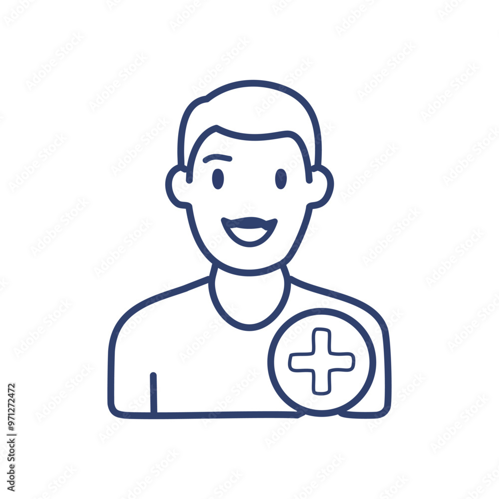 Poster add new user icon. line icon of a smiling man with plus sign. add a new user, new customer, join tea