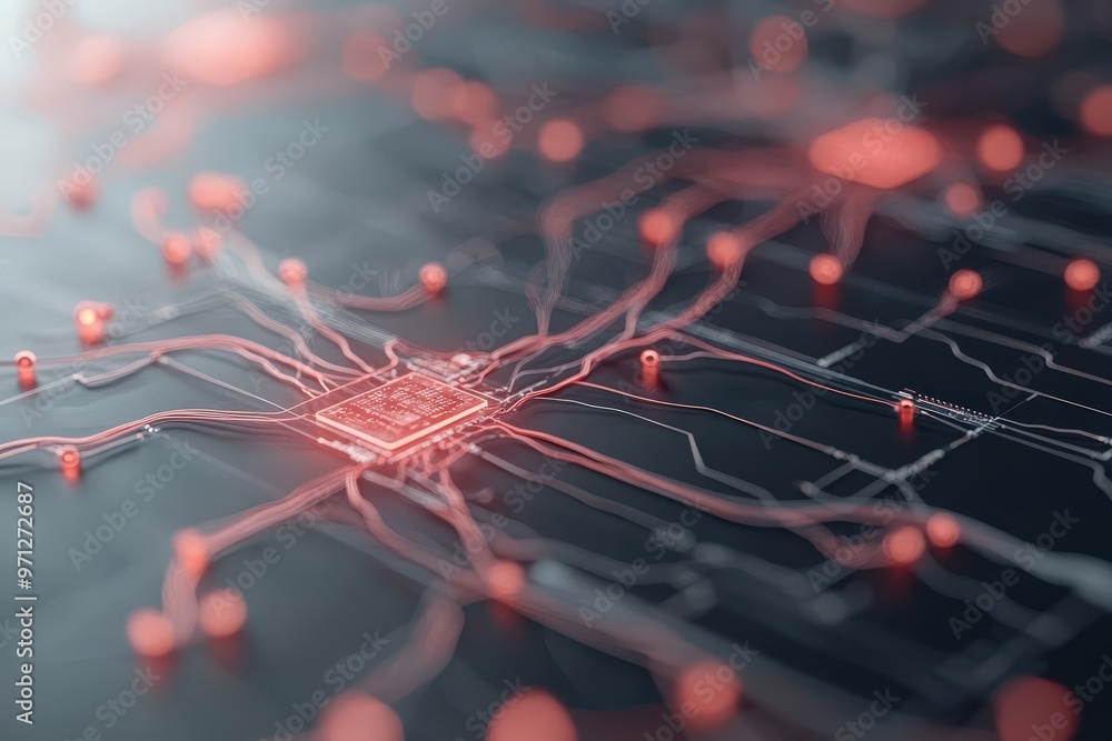 Poster exploring the intricacies of ai: a digital circuit visualized with vibrant red and black tones