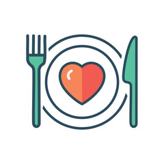 Heart healthy food. Plate with fork, knife and heart, representing healthy food.