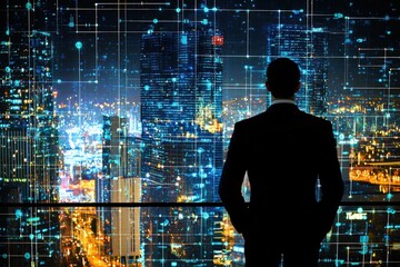 Technological Urban Visions A businessman overlooks a nighttime cityscape infused with digital networks, envisioning the integration of technology in urban and business growth.