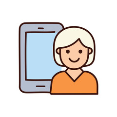 Woman phone screen. Smiling woman character with a phone,  representing communication and technology.