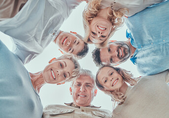 Happy family, portrait and huddle together for teamwork, agreement or collaboration in solidarity....