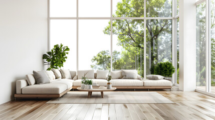 3d render of modern living room with sofa on wooden floor, Empty wall with large window on nature background 3d rendering. Generative Ai.