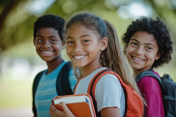 Trio of diverse students embarking on an after-school educational journey, illustrating empowerment and learning.