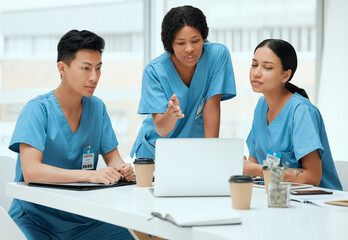 Hospital, people and diversity with laptop as medical students, teamwork or internship in clinic....