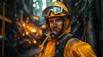 Obraz premium Worker uniform industrial factory, makes survey, checking equipment against background