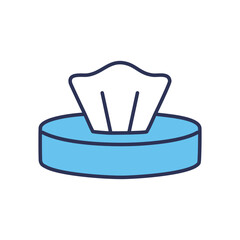 Facial tissue box icon. Blue and white icon of a tissue box with a single tissue protruding from the top.