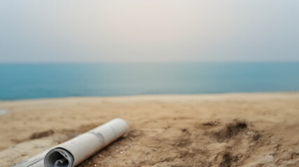Paper roll on sandy beach with ocean view in the background