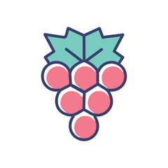 Red grapes icon. Simple illustration of a red grape bunch with a green leaf, symbolizing abundance, harvest, and growth.