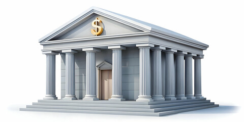 Obraz premium Isolated Vector Illustration of a Bank Building with Floating Dollar Sign for Financial Security, Wealth Management, and Profits on White Background