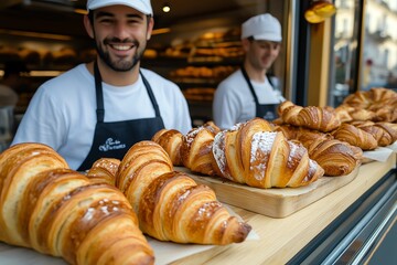 A busy scene at a Marseille bakery, with freshly baked baguettes, croissants, and pastries displayed in the window