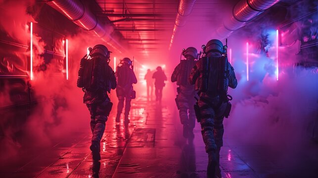  Intense laser tag game players in neon arena  people dancing in the nightclub