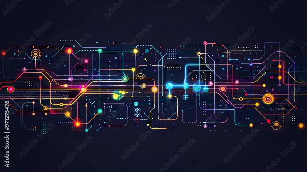 Poster a vibrant digital circuit board design featuring colorful lines and nodes, representing technology a