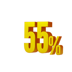 3d illustration of golden number 55 percent or 55% isolated on white background. 3d render.