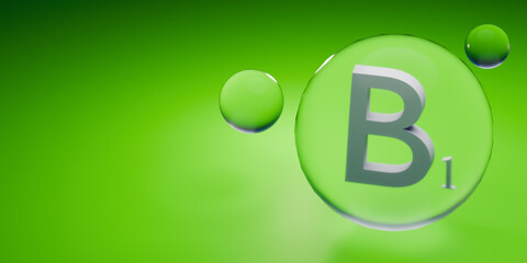 Vitamin B1 pills. Medicine capsule, color substance. Vitamin for care and beauty concept. 3d render.