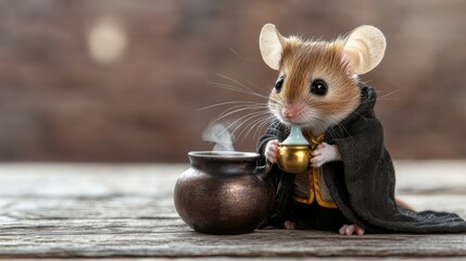 A tiny mouse in a wizard robe, brewing potions with a mini cauldron on a wooden table