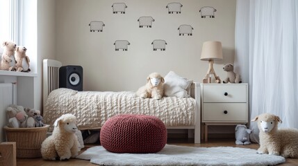 A patterned pouf and loudspeaker beside a child's bed.